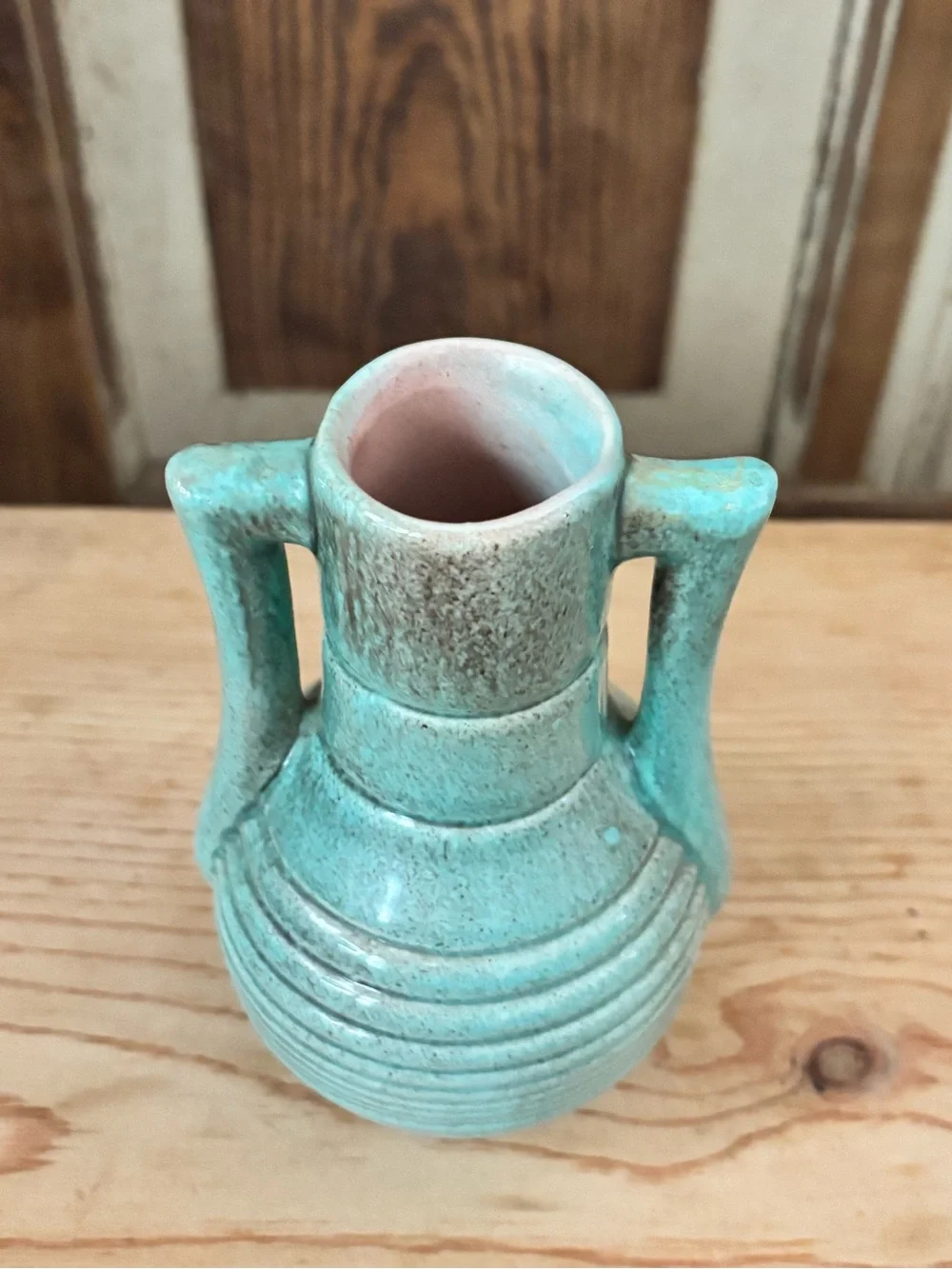 Gonder Art Pottery Double Handled Vase-Blue Green-6.5” tall